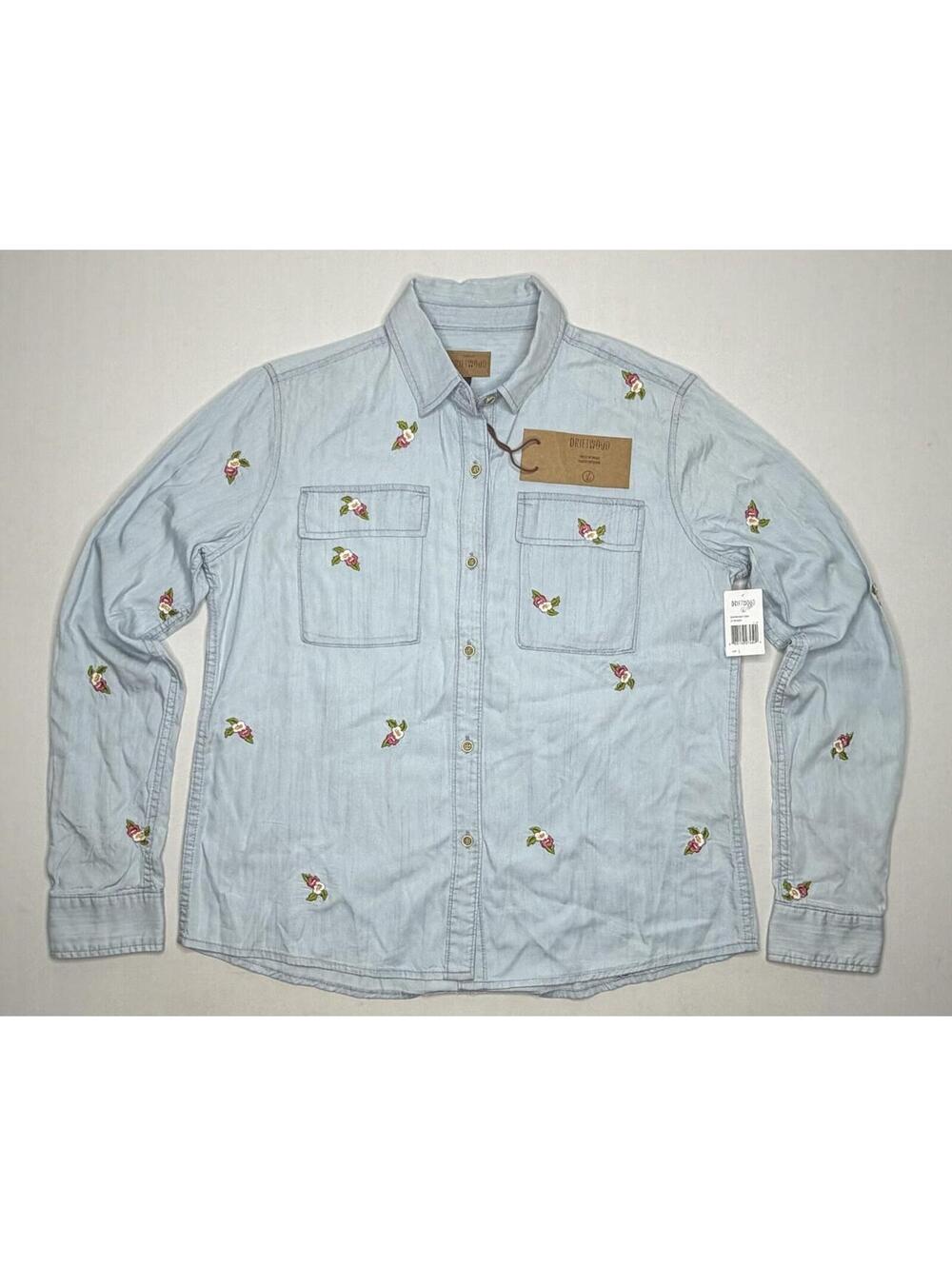 Driftwood Large Light Blue Embroidered Floral Roses Button Up Shirt